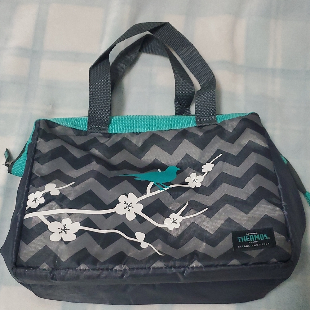 Thermos Gray and Teal Insulated Floral Bird Tote